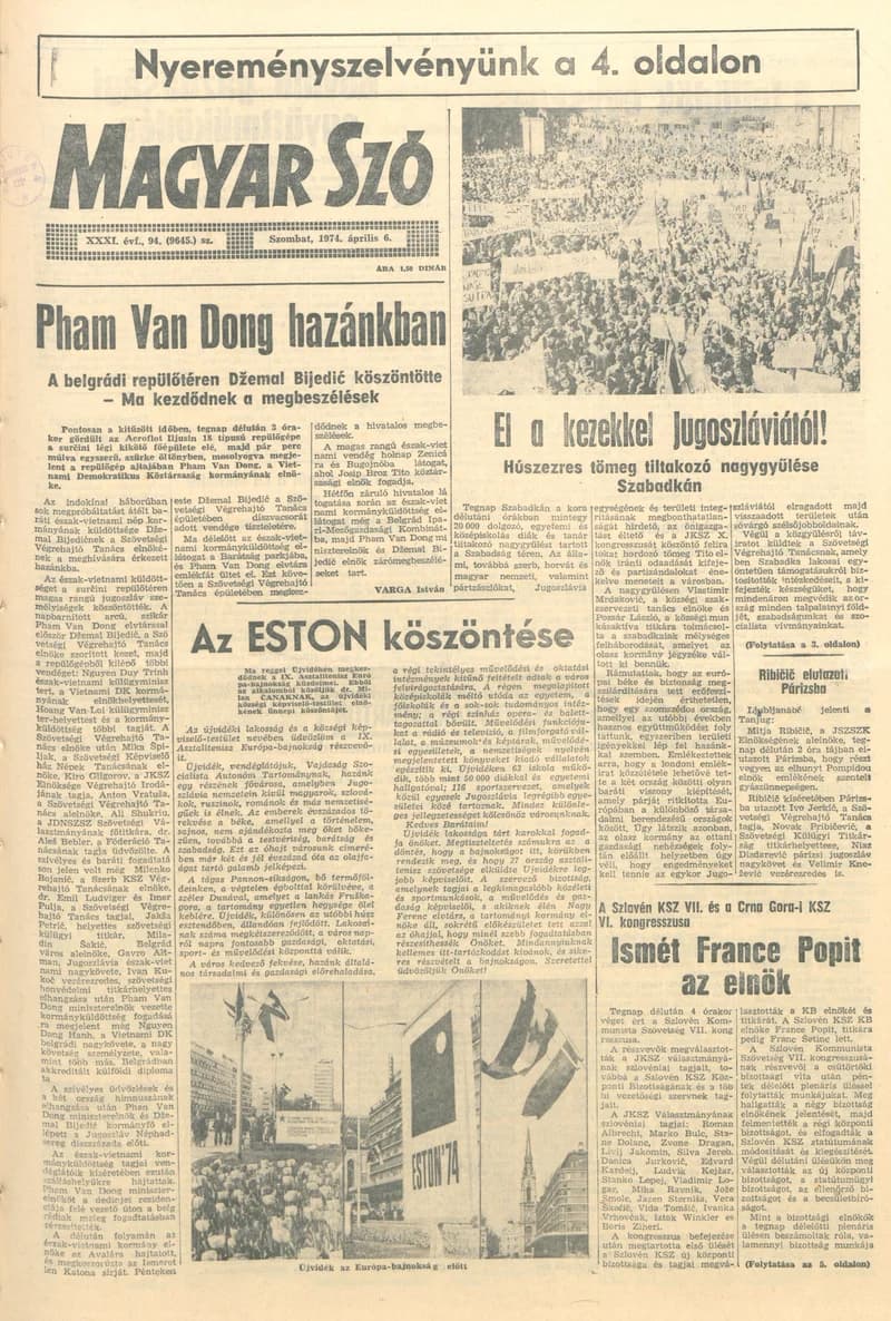 Magyar Szó, 31. évf. 1974. április 6. 94. sz. 1–20. oldal