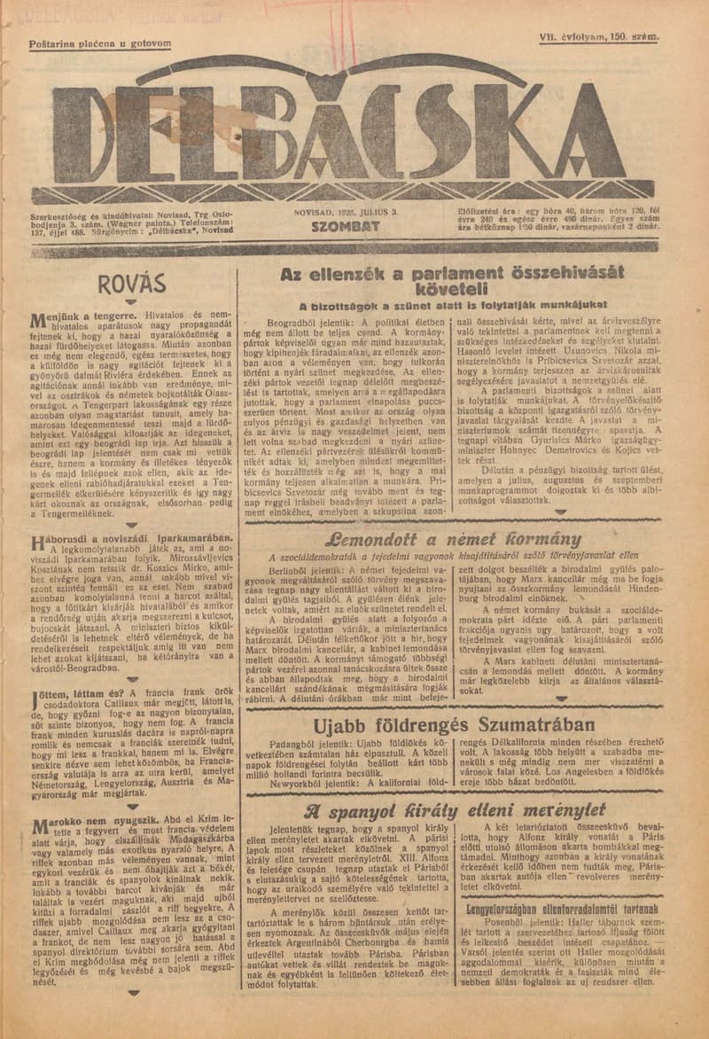 Délbácska, 7. évf. 1926. július 3. 150. sz.