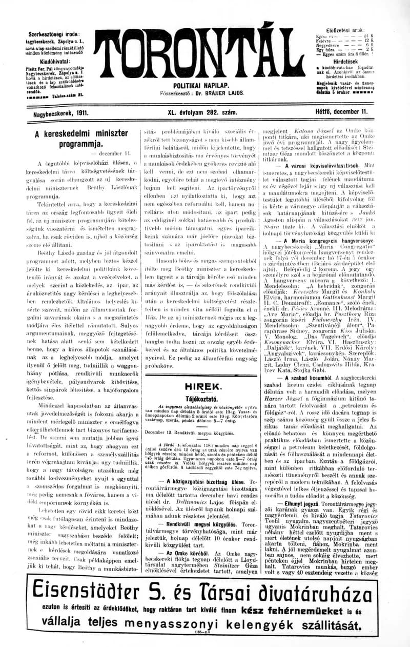 Torontál, 40. évf. 1911. december 11. 282. sz.