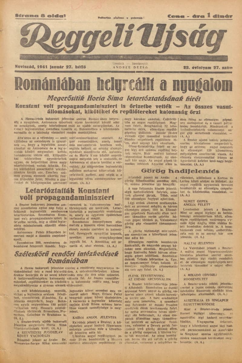 Reggeli Újság, 22. évf. 1941. január 27. 27. sz.