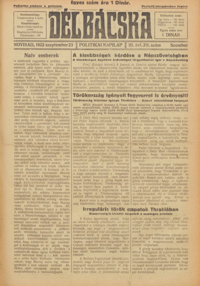 Délbácska, 3. évf. 1922. szeptember 28. 215. sz.