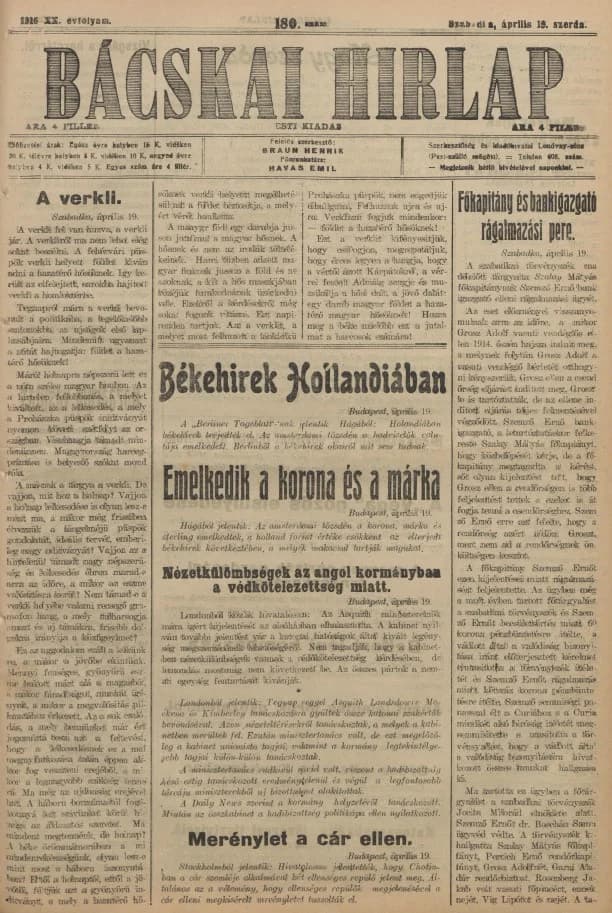 Bácskai Hirlap, 20. évf. 1916. április 19. 180. sz.