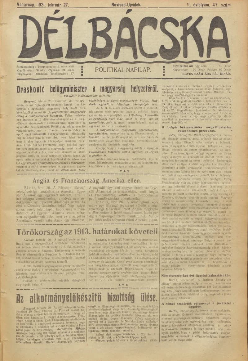 Délbácska, 2. évf. 1921. február 27. 47. sz.