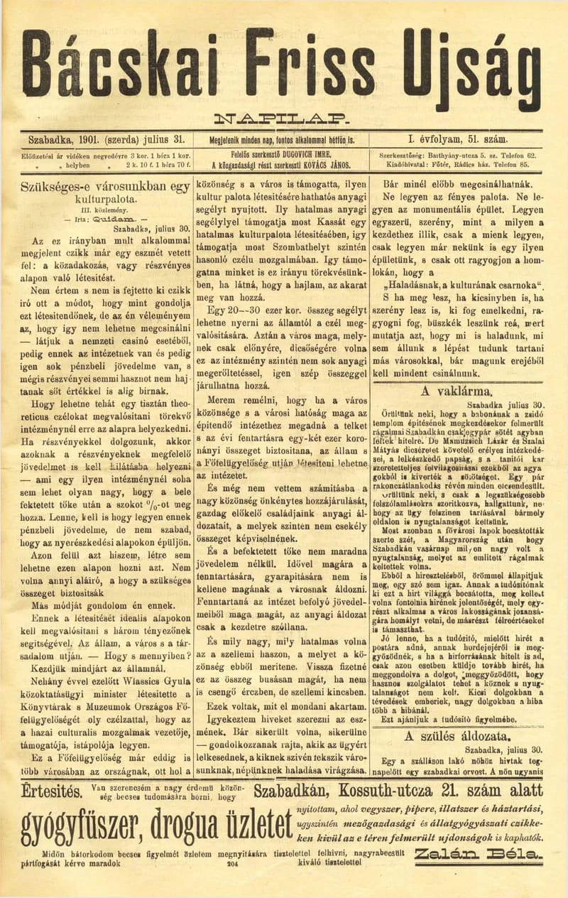 Bácskai Friss Ujság, 1. évf. 1901. július 31. 51. sz.