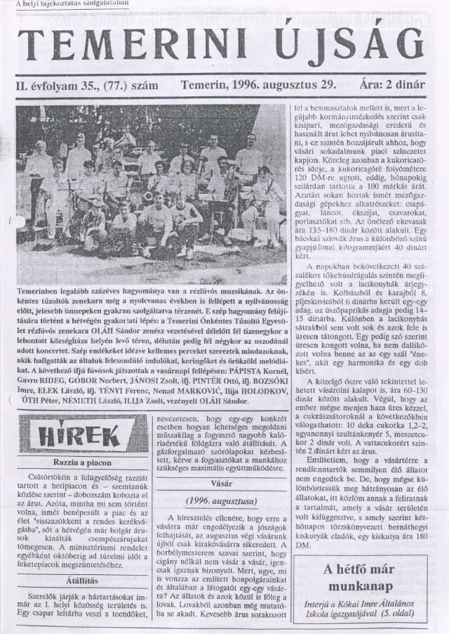Temerini Újság, 2. évf. 1996. augusztus 29. 35. sz.