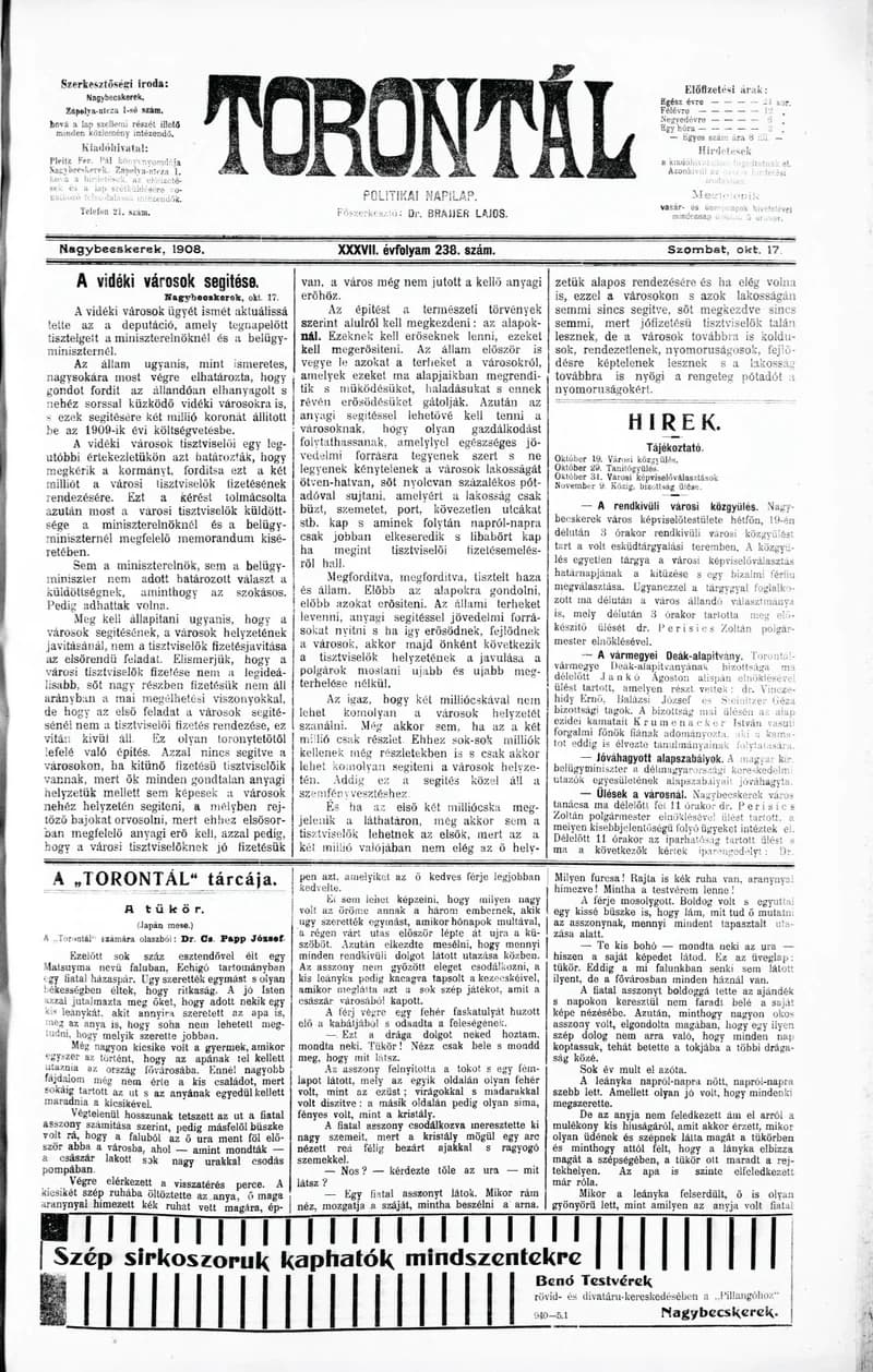 Torontál, 37. évf. 1908. október 17. 238. sz.