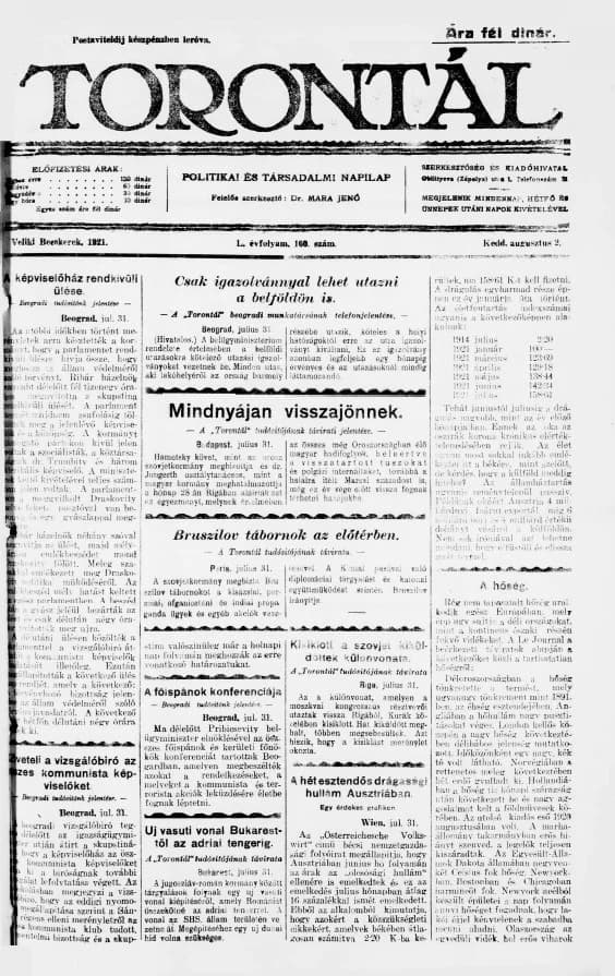 Torontál, 50. évf. 1921. augusztus 2. 166. sz.