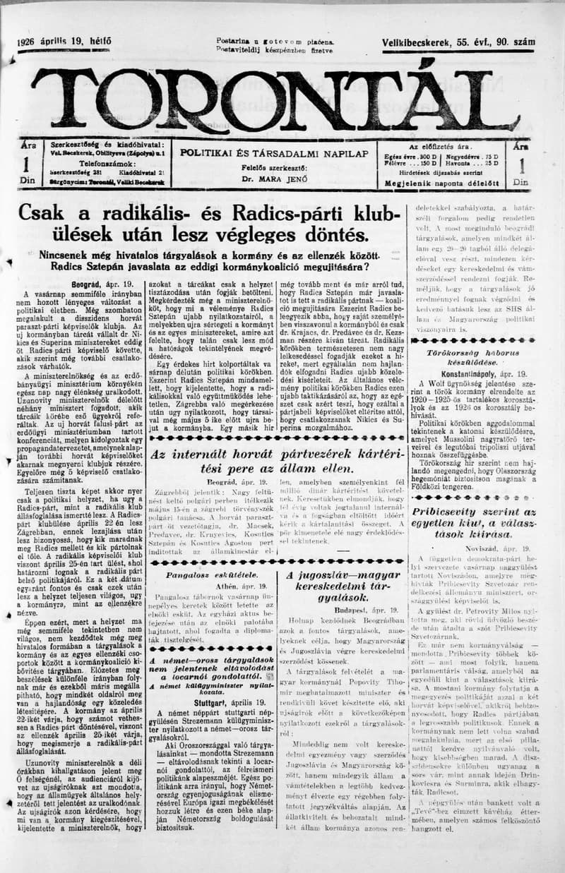 Torontál, 55. évf. 1926. április 19. 90. sz.