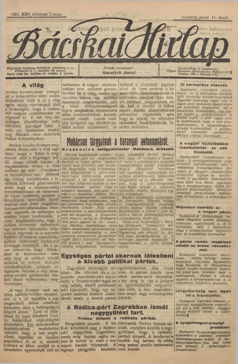 Bácskai Hirlap, 25. évf. 1921. január 11. 7. sz.
