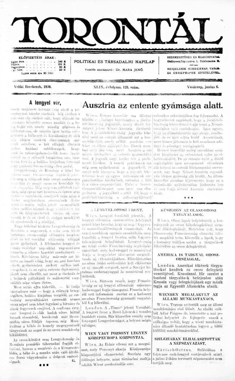 Torontál, 49. évf. 1920. június 6. 123. sz.