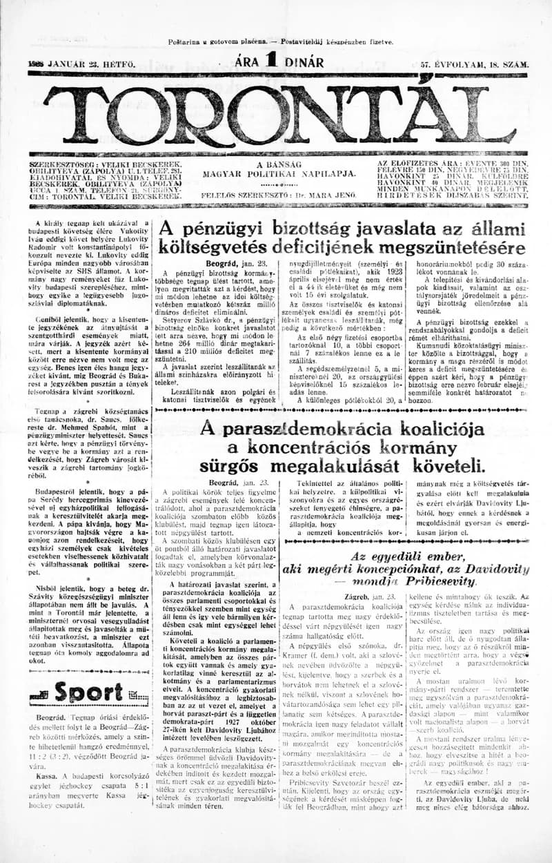 Torontál, 57. évf. 1928. január 23. 18. sz.