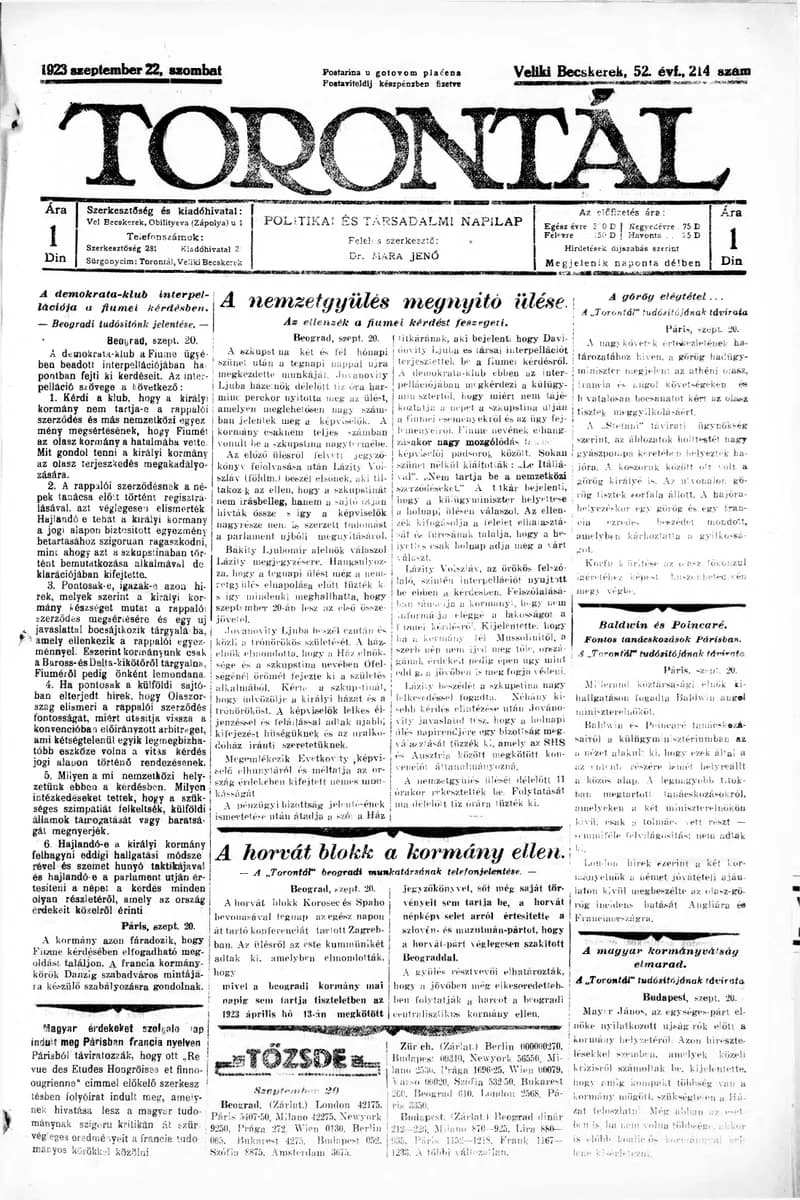Torontál, 52. évf. 1923. szeptember 22. 214. sz.