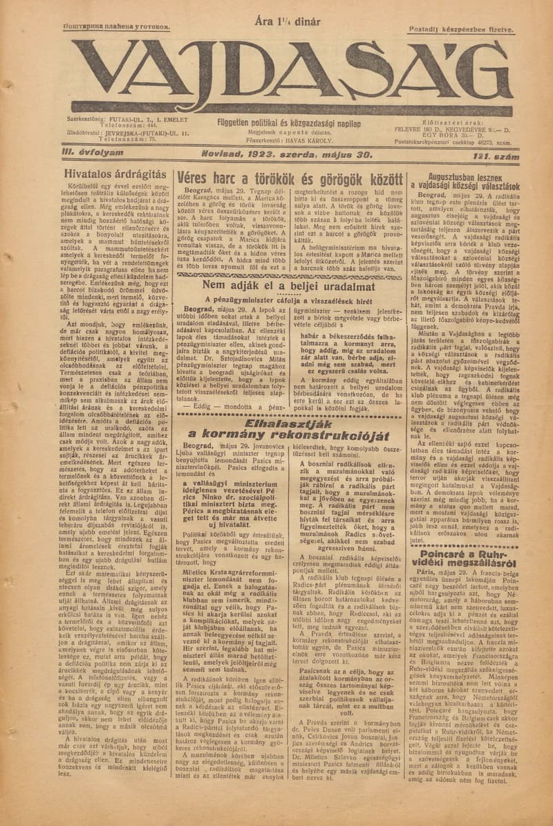 Vajdaság, 3. évf. 1923. május 30. 121. sz.