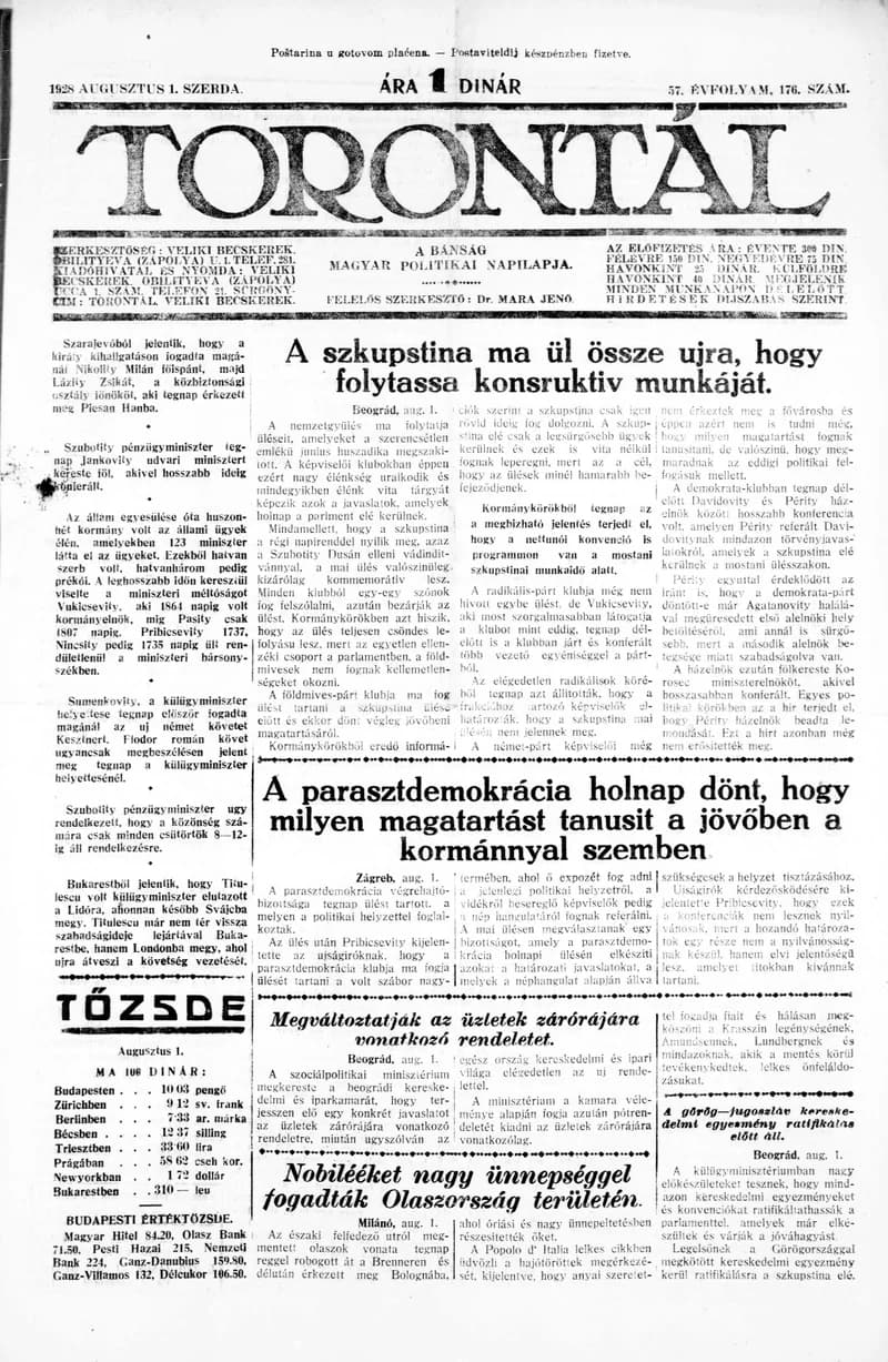 Torontál, 57. évf. 1928. augusztus 1. 176. sz.