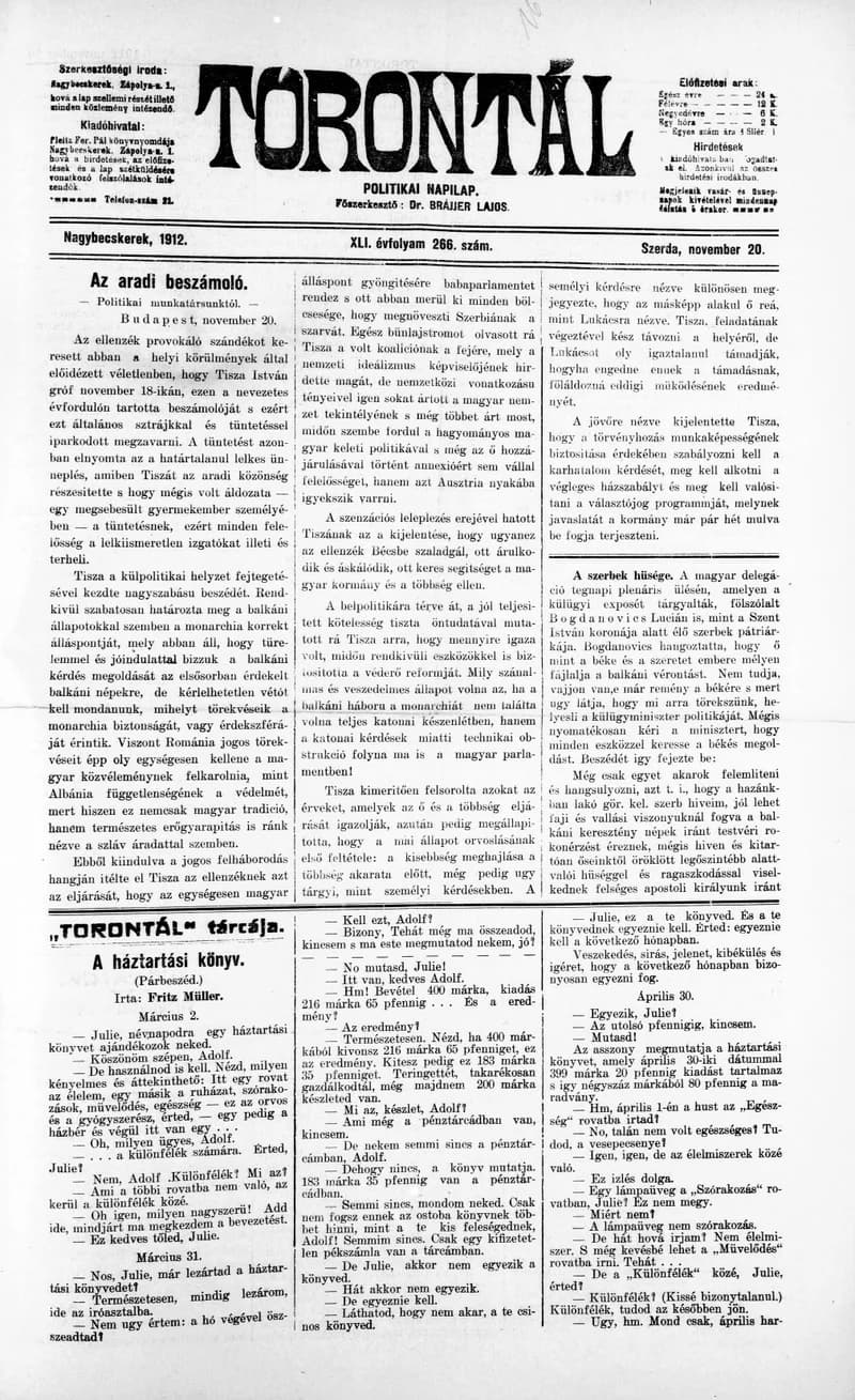Torontál, 41. évf. 1912. november 20. 266. sz.