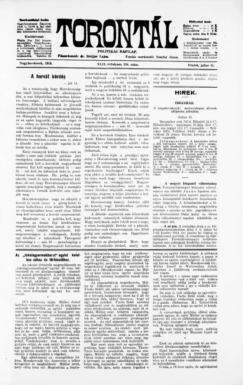 Torontál, 42. évf. 1913. július 11. 158. sz.