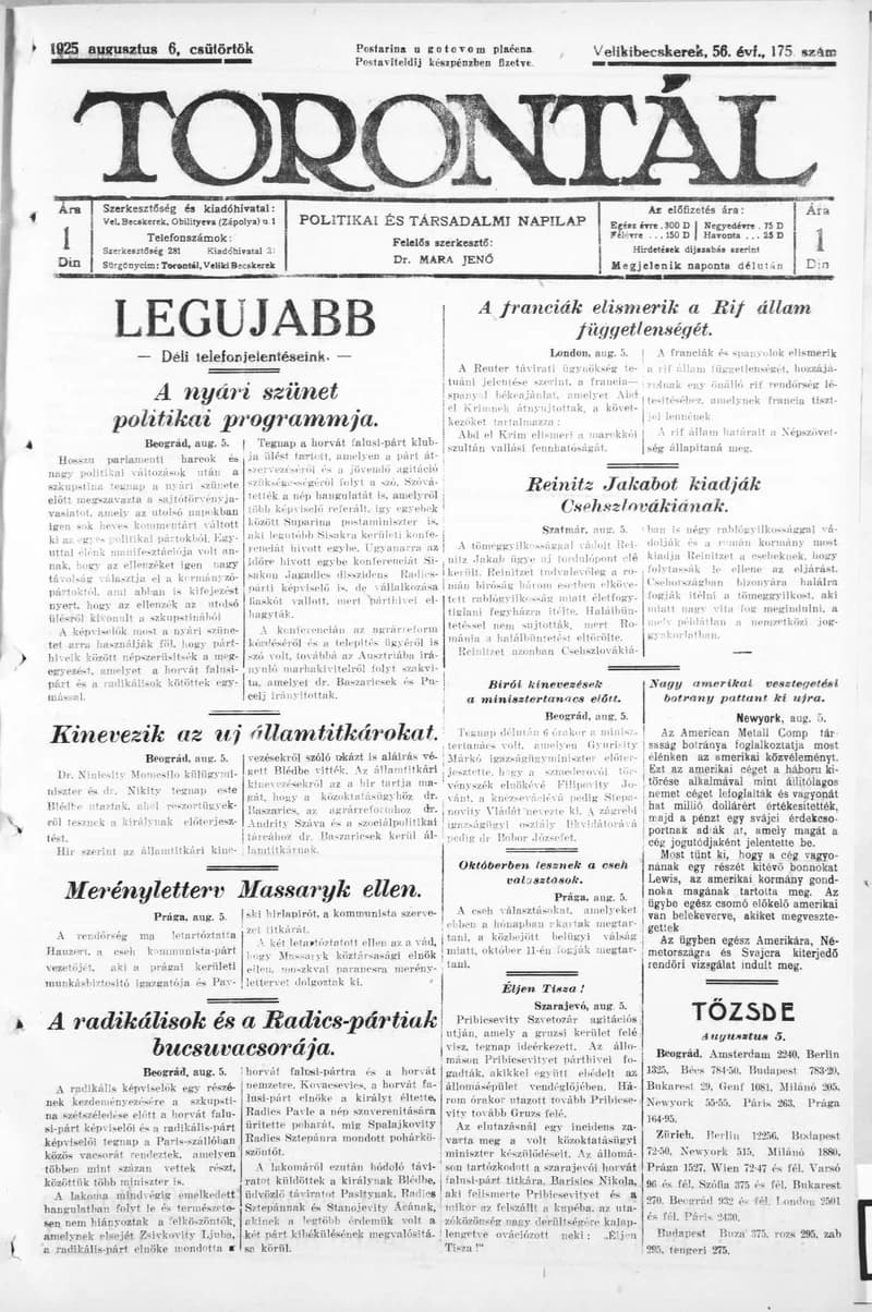 Torontál, 54. évf. 1925. augusztus 6. 175. sz.