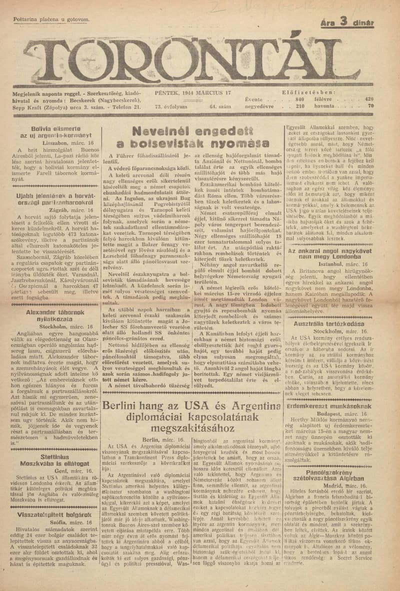 Torontál, 73. évf. 1944. március 17. 64. sz.