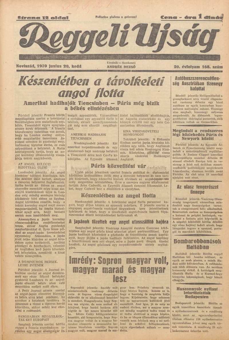 Reggeli Újság, 20. évf. 1939. június 20. 168. sz.