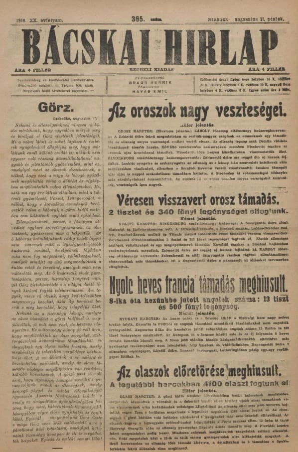 Bácskai Hirlap, 20. évf. 1916. augusztus 11. 365. sz.