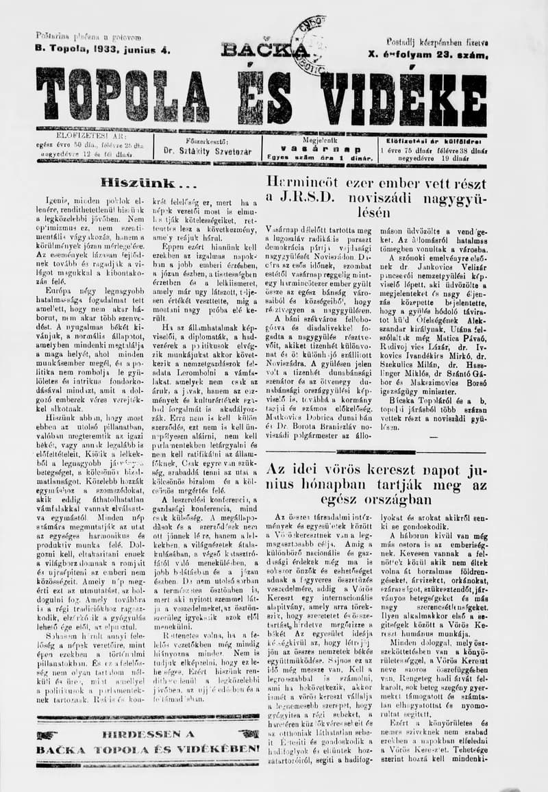 Bačka Topola és Vidéke, 10. évf. 1933. június 4. 23. sz.