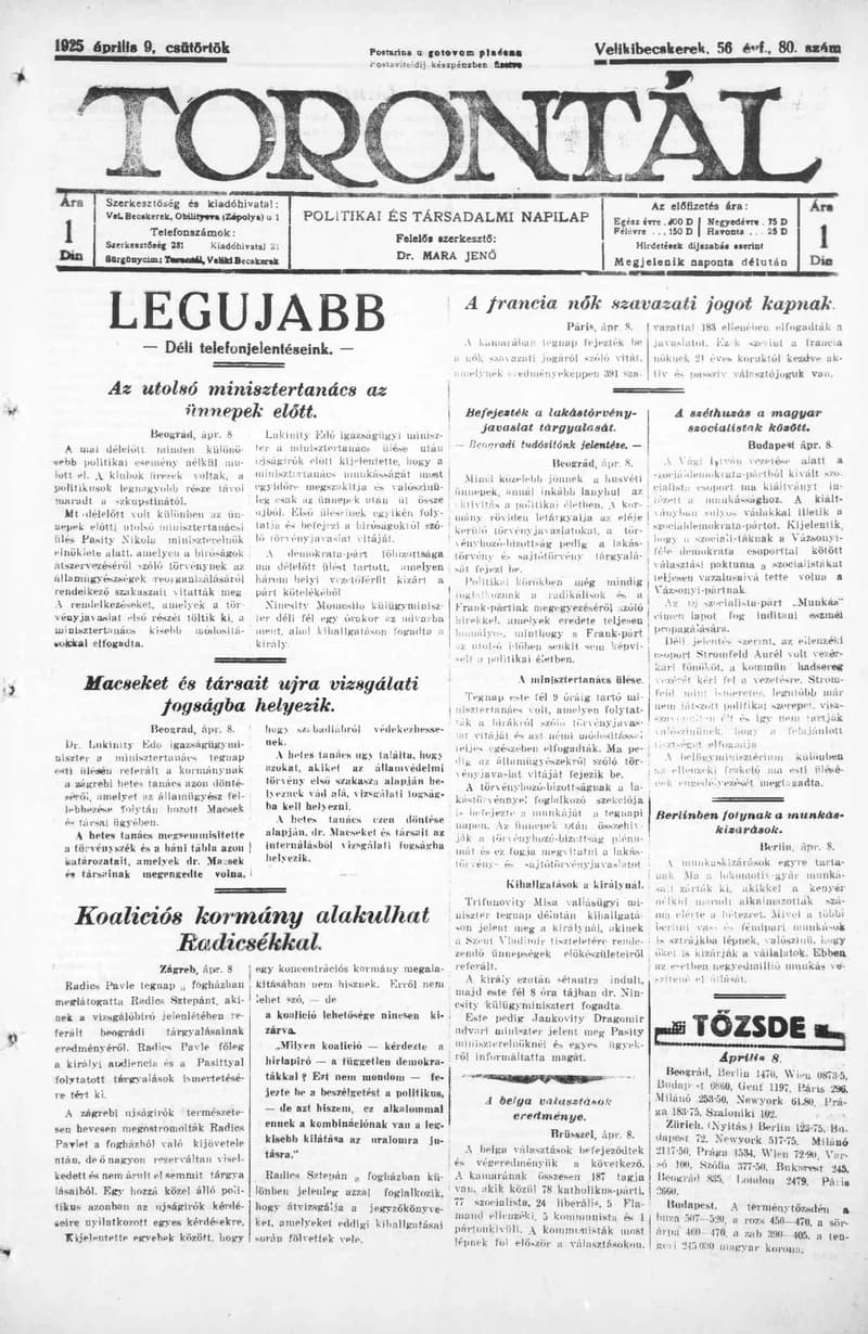 Torontál, 54. évf. 1925. április 9. 80. sz.