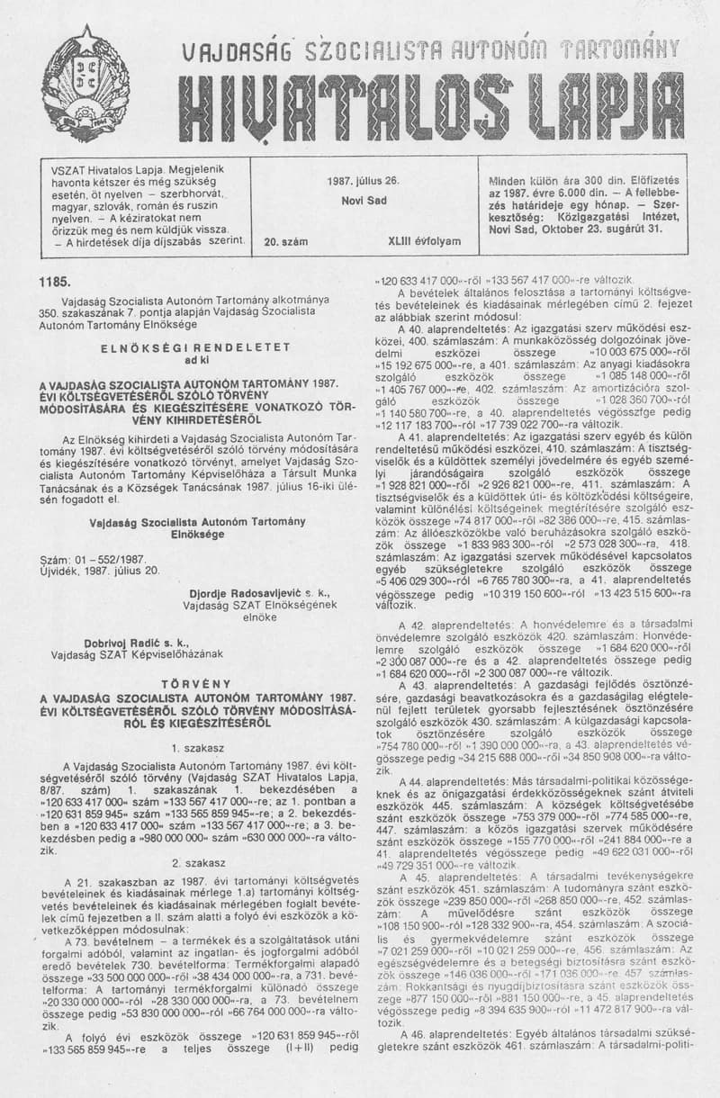 Vajdaság Szocialista Autonóm Tartomány Hivatalos Lapja, 43. évf. 1987. július 26. 20. sz.