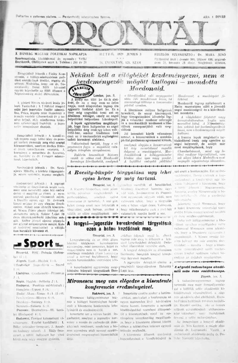 Torontál, 58. évf. 1929. június 3. 125. sz.