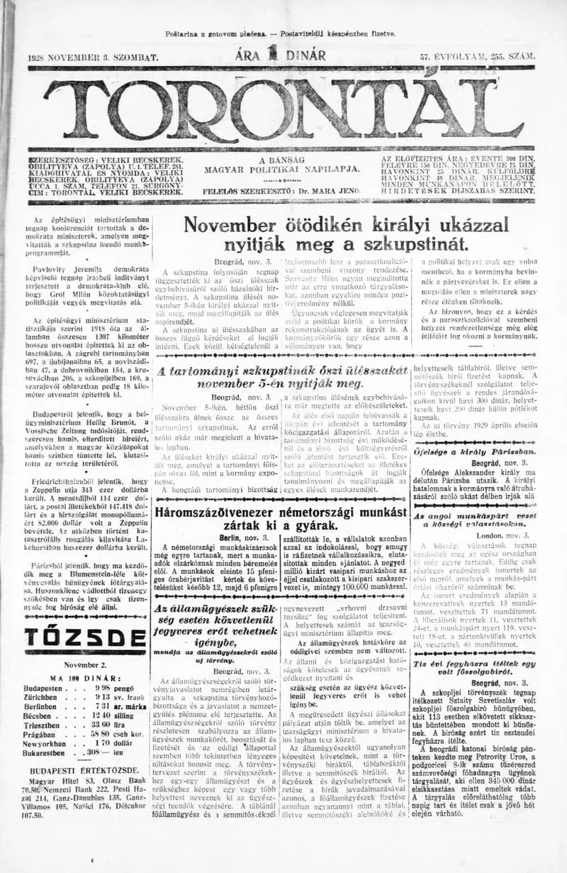 Torontál, 57. évf. 1928. november 3. 255. sz.