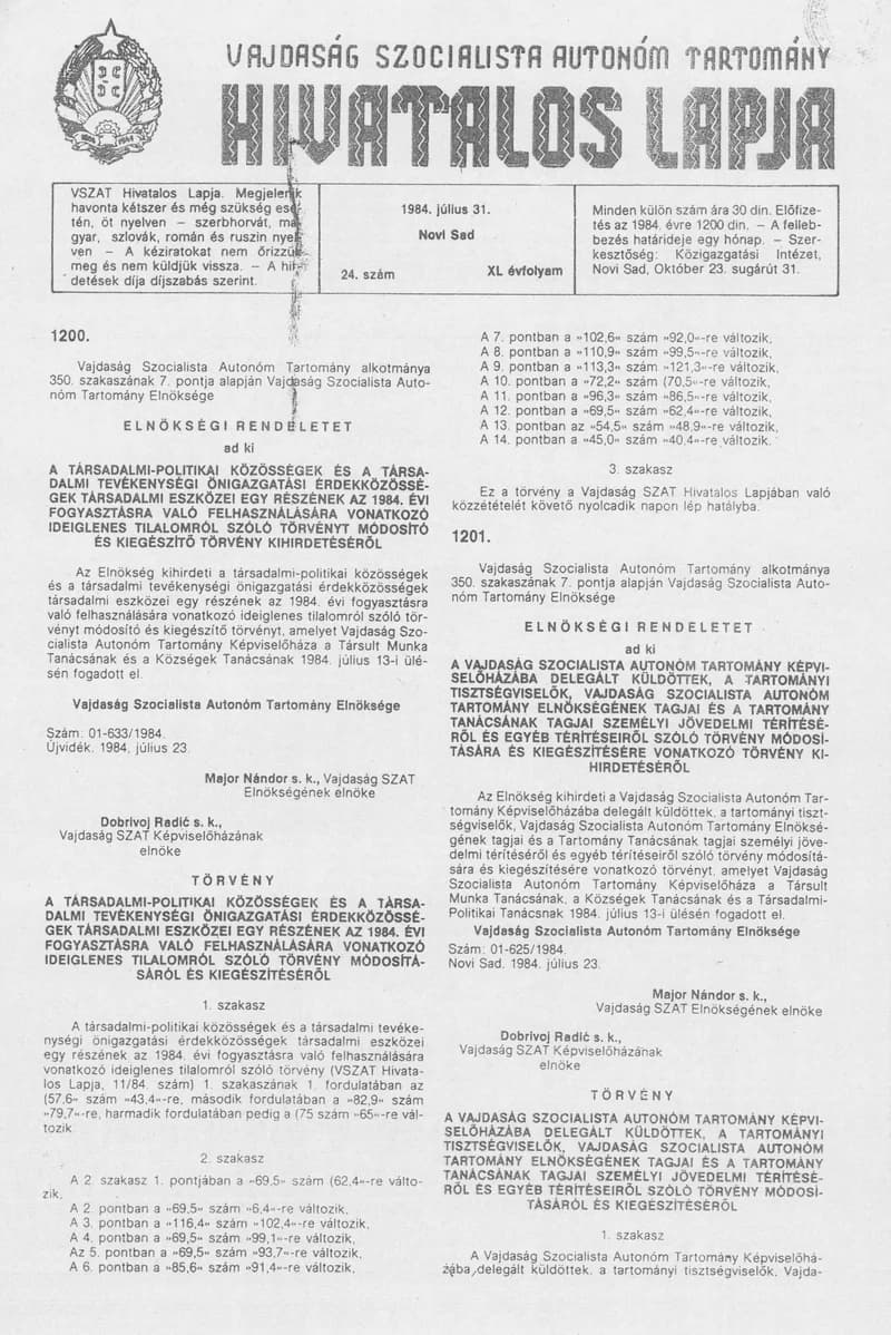 Vajdaság Szocialista Autonóm Tartomány Hivatalos Lapja, 40. évf. 1984. július 31. 24. sz.