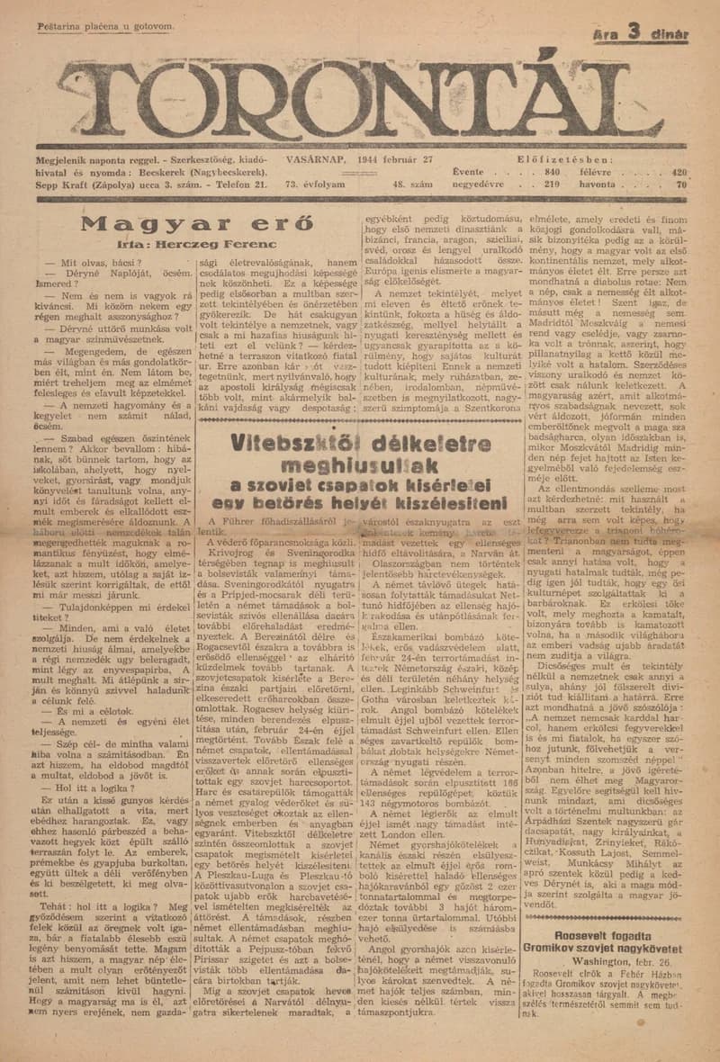 Torontál, 73. évf. 1944. február 27. 48. sz.