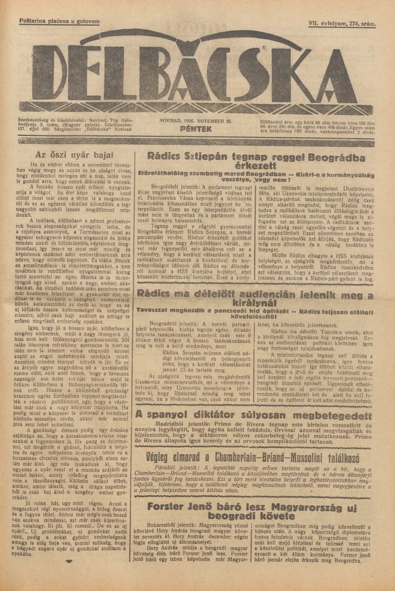 Délbácska, 7. évf. 1926. november 26. 274. sz.