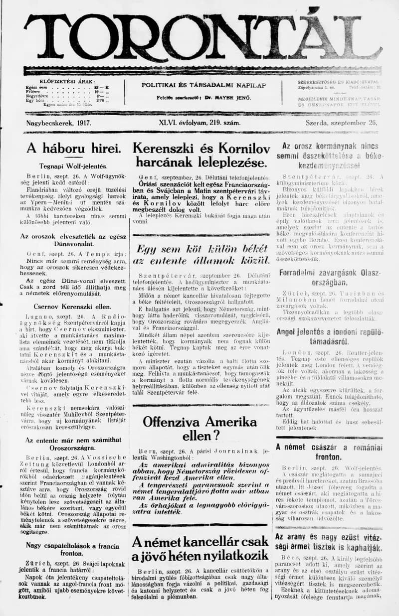 Torontál, 46. évf. 1917. szeptember 26. 219. sz.
