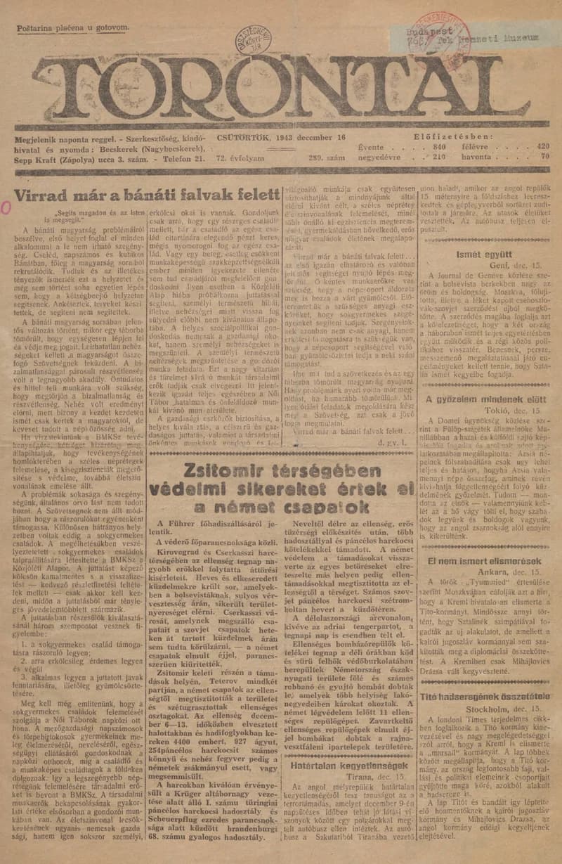 Torontál, 72. évf. 1943. december 16. 289. sz.