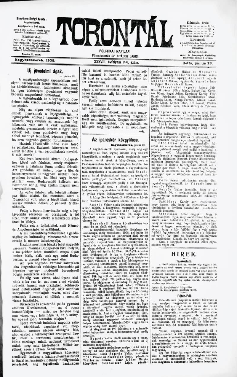 Torontál, 38. évf. 1909. június 28. 144. sz.