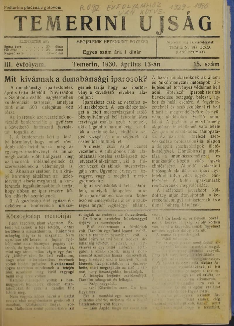 Temerini Újság 1928-1944, 2. évf. 1929. április 13. 15. sz.