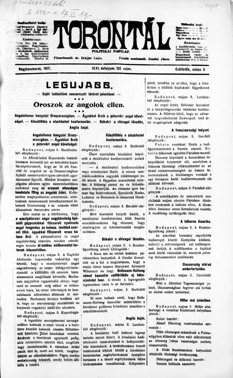 Torontál, 46. évf. 1917. május 3. 101. sz.