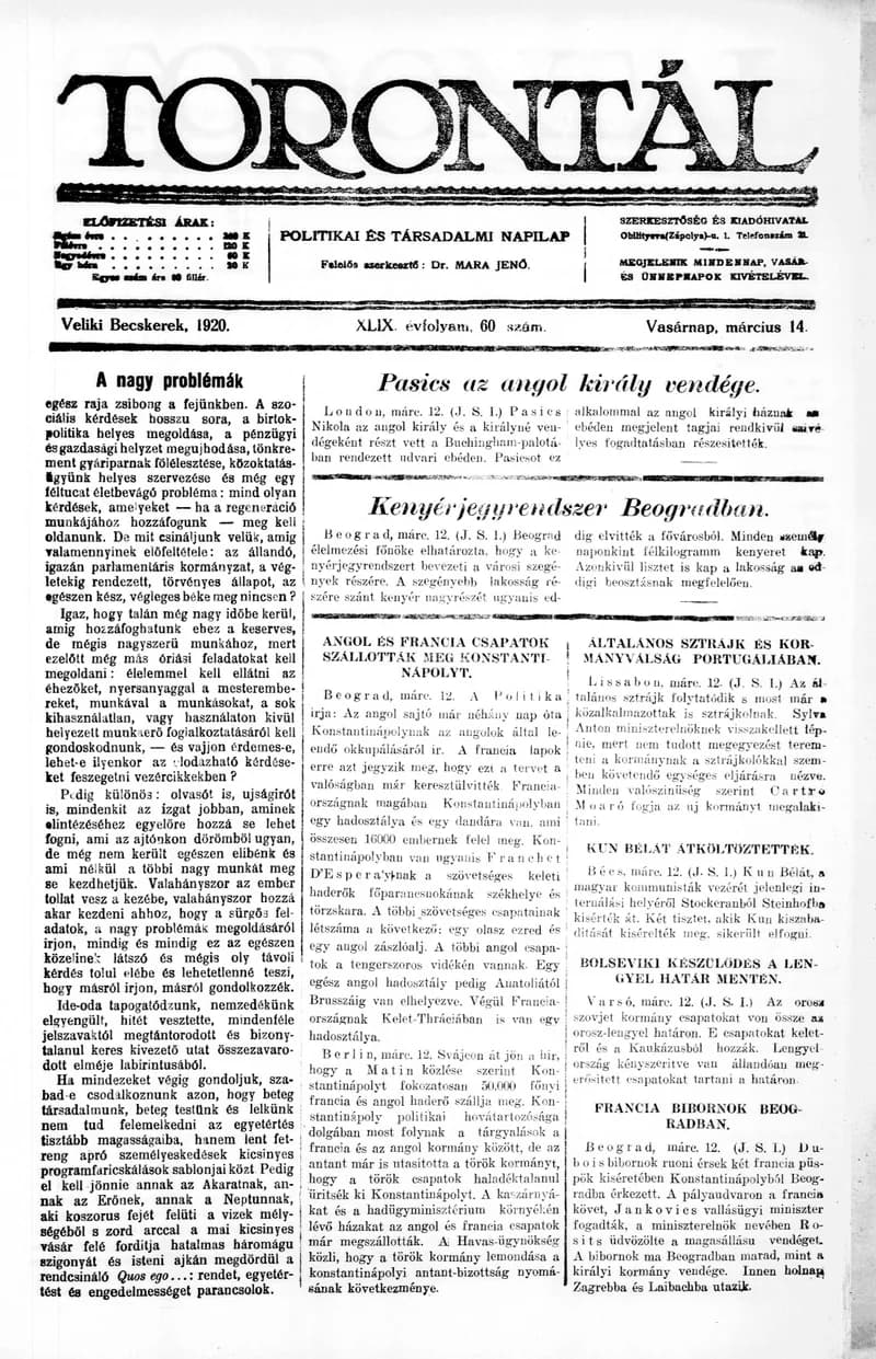 Torontál, 49. évf. 1920. március 14. 60. sz.