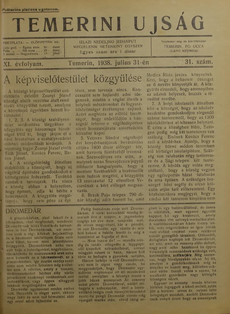 Temerini Újság 1928-1944, 11. évf. 1938. július 31. 31. sz.