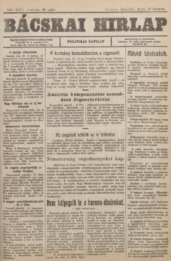 Bácskai Hirlap, 24. évf. 1920. május 22. 69. sz.