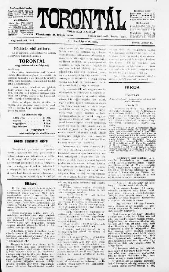 Torontál, 43. évf. 1914. január 21. 16. sz.