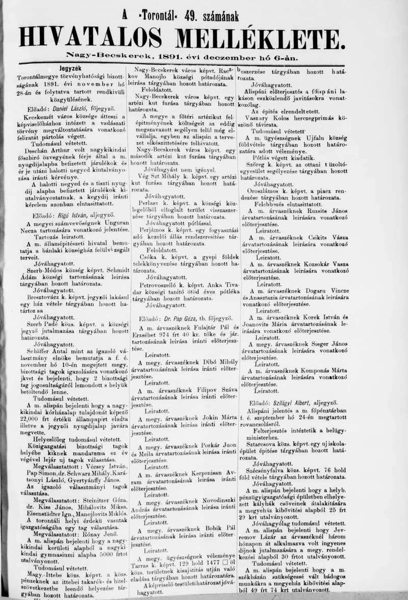 A Totontál  hivatalos melléklete, 4. évf. 1891. december 6. 49. sz.