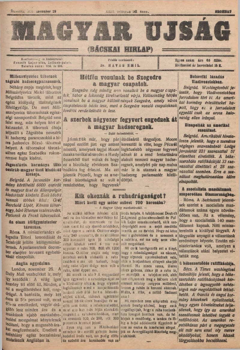 Bácskai Hirlap, 23. évf. 1919. november 29. 141. sz.