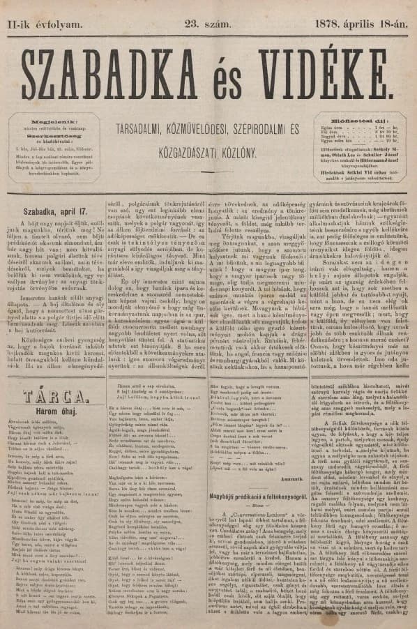 Szabadka és vidéke, 2. évf. 1878. április 18. 23. sz.