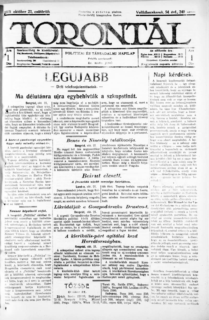 Torontál, 54. évf. 1925. október 22. 240. sz.
