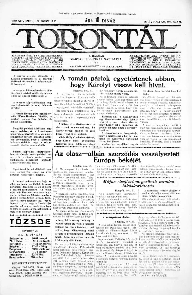 Torontál, 56. évf. 1927. november 26. 273. sz.