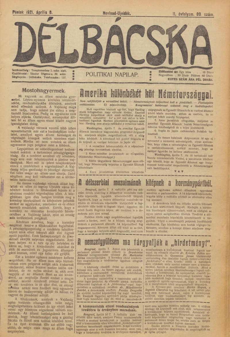 Délbácska, 2. évf. 1921. április 8. 80. sz.