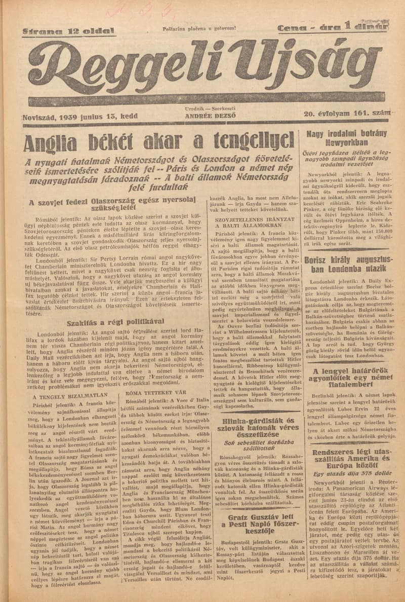 Reggeli Újság, 20. évf. 1939. június 13. 161. sz.