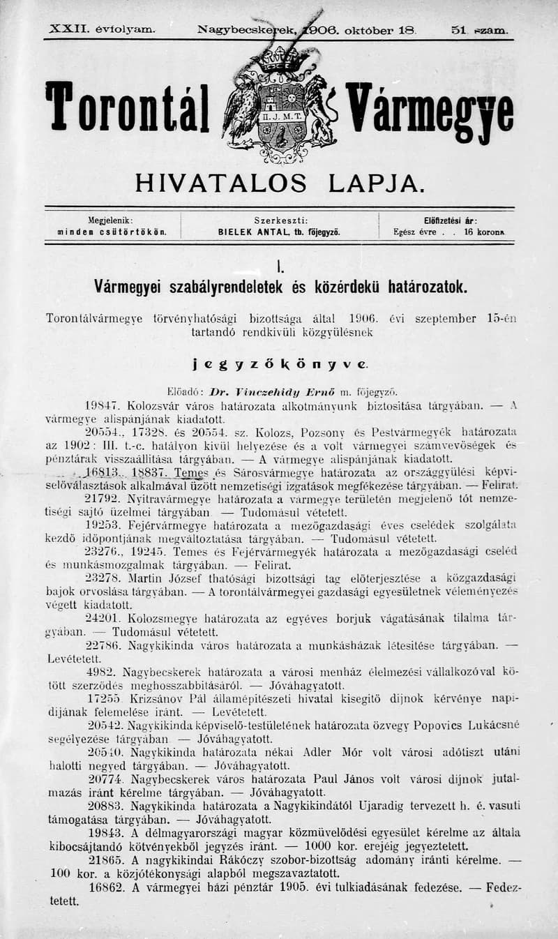 Torontál Vármegye Hivatalos Lapja, 22. évf. 1906. október 18. 51. sz.