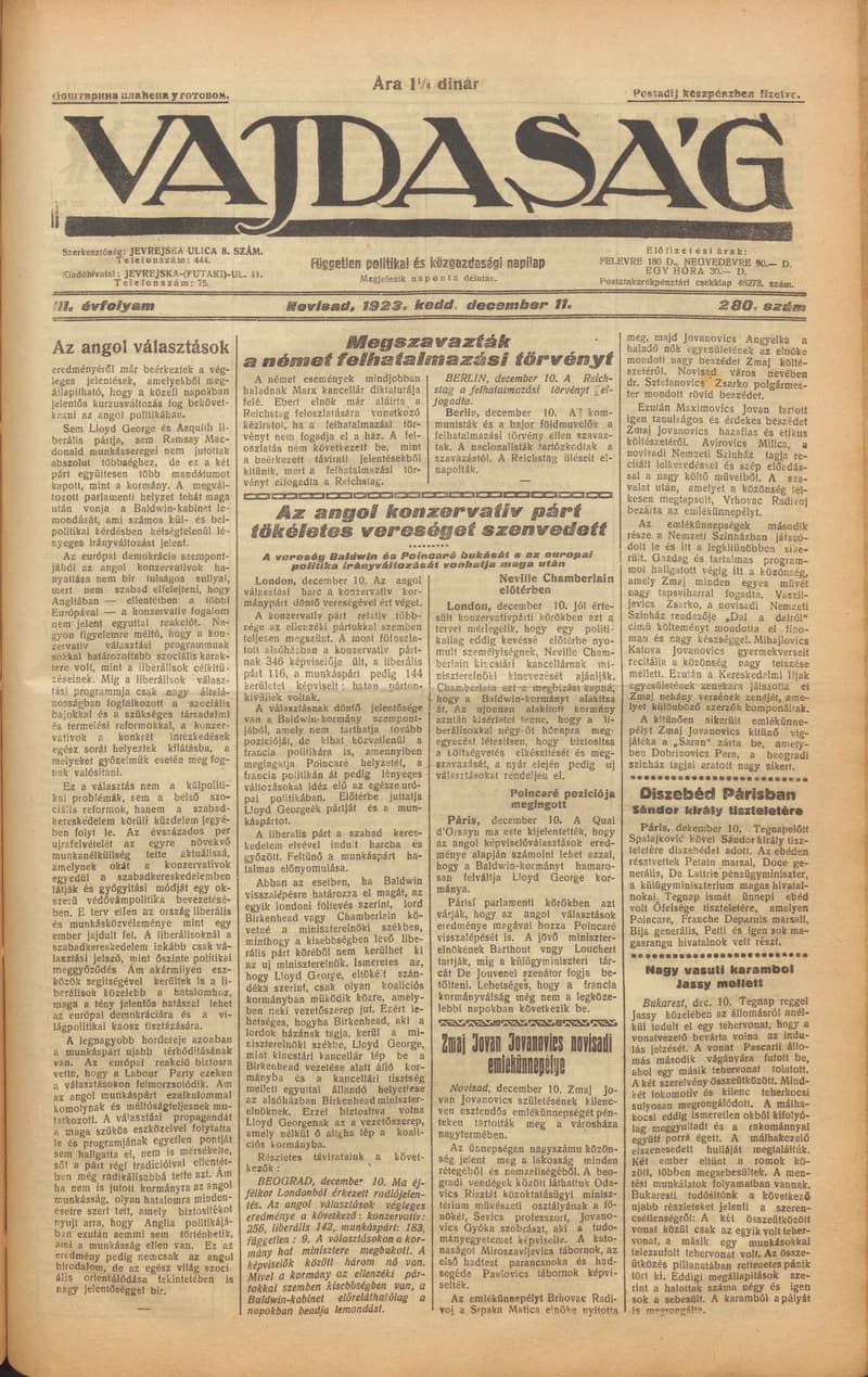 Vajdaság, 3. évf. 1923. december 11. 280. sz.